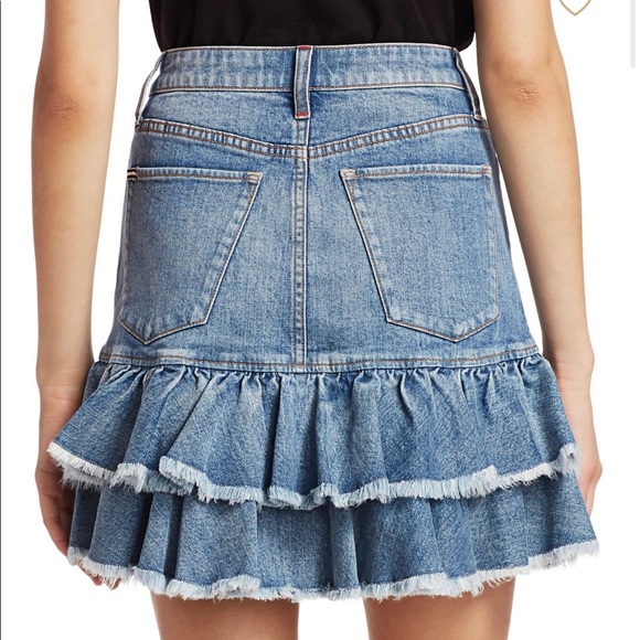 $265 Alice + Olivia Ruffle Hem Denim Mini Skirt High Waisted Tiered Jean Size 0 - Picture 8 of 10